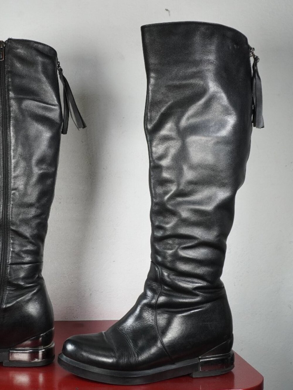 Women's Marko European Black Leather Knee High Long Tall Fashion Moto Boots 8.5